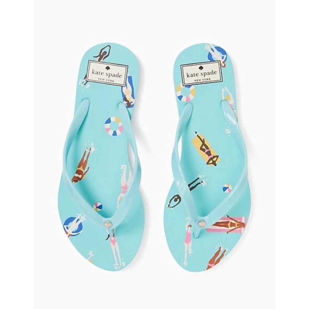 Kate Spade New York Swimmer Print Flip Flops Turquoise Blue Womens 9B